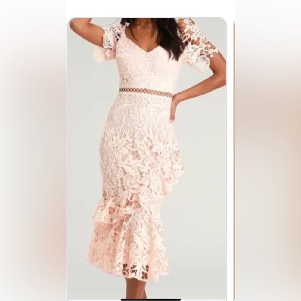 Lulus Light pink crochet lace Ruffle Midi Dress